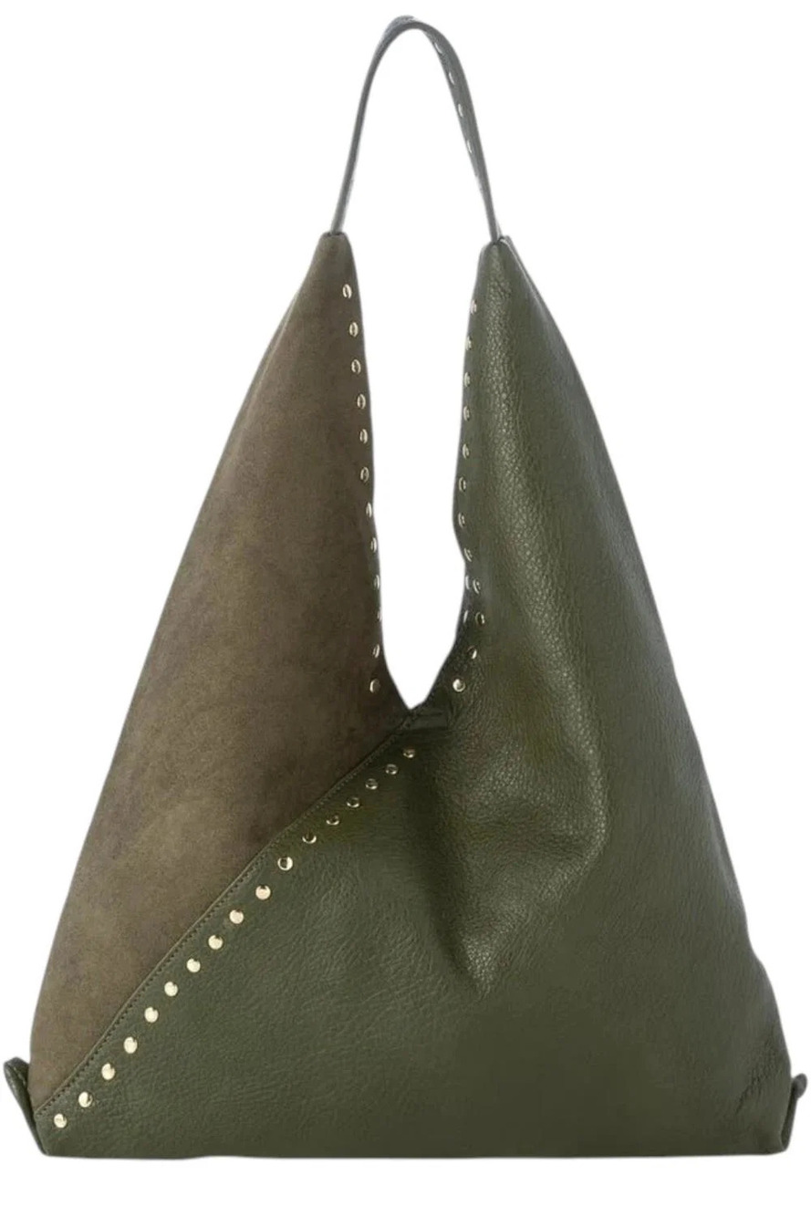 Shiraleah Women's Ryker Mixed Media Hobo Bag w/Stud Details Olive